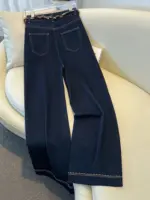 2025 Autumn New Denim Blue Wide Leg Women's Jeans Super Popular Pants with Silk Scarf Belt Fashion Straight Trousers - Image 2