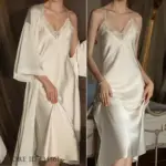 Plus Size Long 2PCS Robe Nightgown Set Pajama Elegant Kimono Bathrobe Gown Sleepwear Summer Sexy Women's Homewear Loungewear