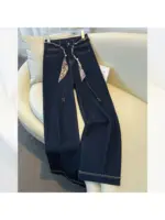 2025 Autumn New Denim Blue Wide Leg Women's Jeans Super Popular Pants with Silk Scarf Belt Fashion Straight Trousers - Image 4