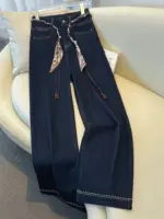 2025 Autumn New Denim Blue Wide Leg Women's Jeans Super Popular Pants with Silk Scarf Belt Fashion Straight Trousers