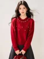 2025 Winter Collection Features A New Red Base Sweater For The Zodiac Year With Beautiful Beaded And Elegant Unique Women'S Top - Image 3