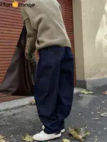 HanOrange Winter Vintage Arc High Waist Wide Leg Jeans Women Thickened Warm Loose Casual Trousers Female Dark Blue - Image 2